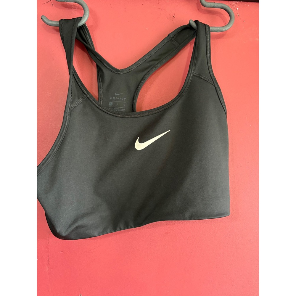 Nike Womens Dri-FIT Racerback Sports Bra Black White Swoosh Large Gym Workout